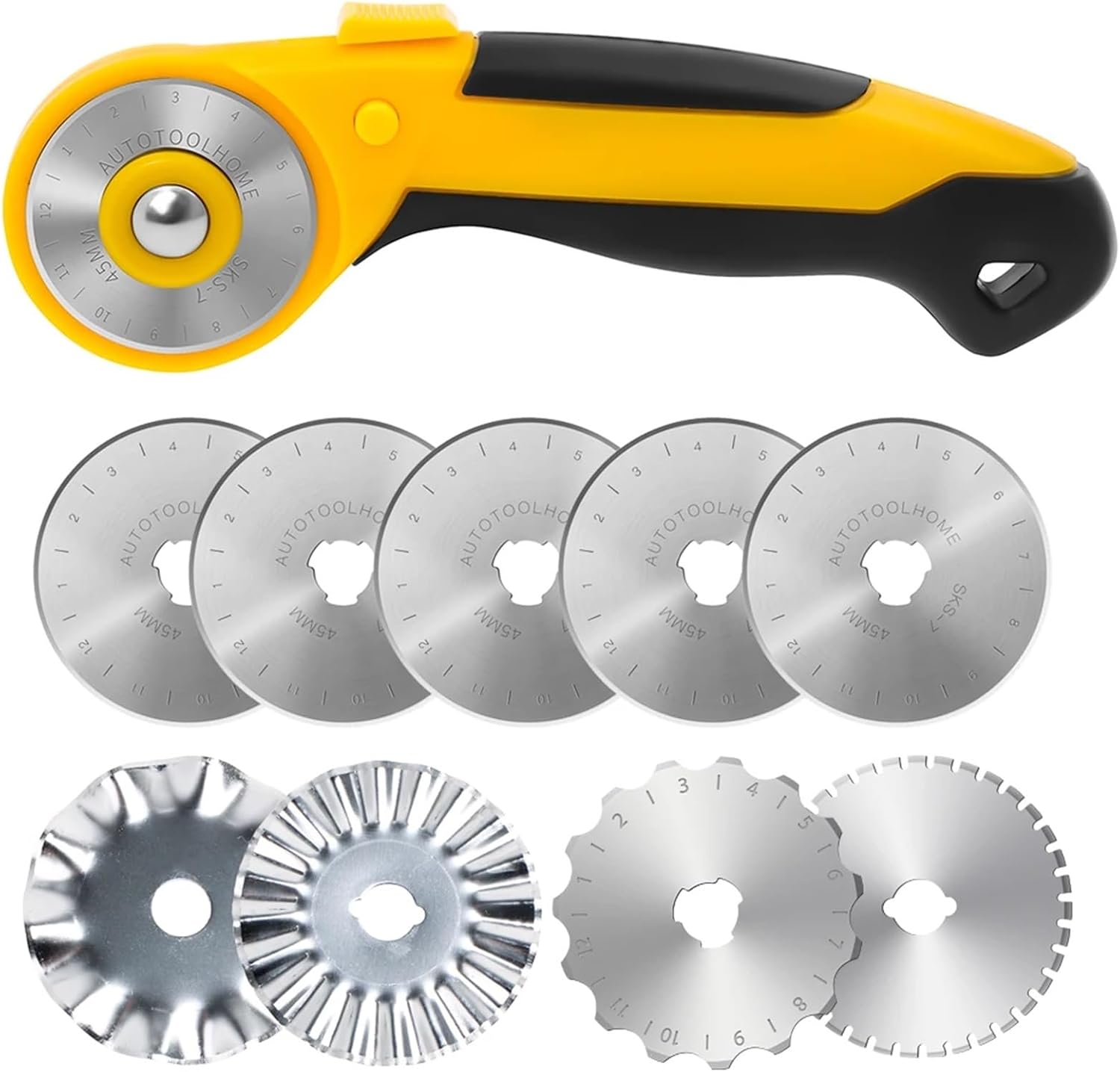 45mm Rotary Cutter Replacement Blades 45mm Rotary Cutter + 9pcs Extra Blades Automatic Fabric Roller Perforator Crochet Edge Pinking