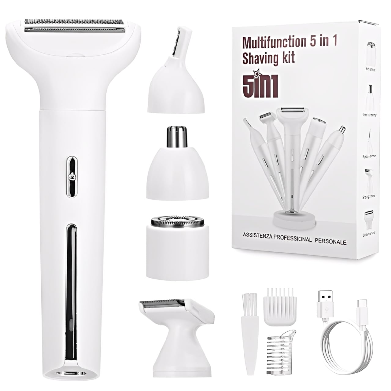 Afeitadora Eléctrica para Mujer,5 en 1 Afeitadora Electrica,Recortadora Femenina Impermeable con USB,Mujer Zona Intima para Cara Nariz Axilas Piernas Bikini