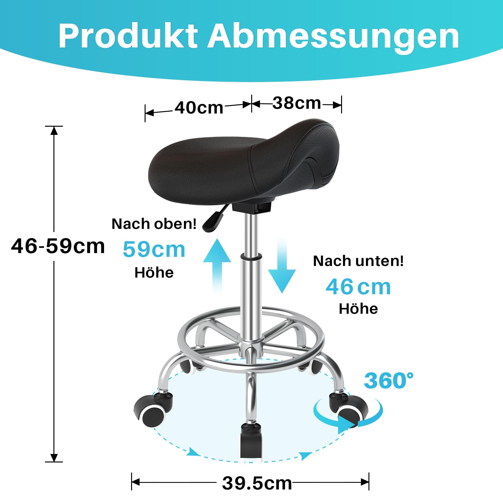 Sgabello da sella ergonomico – Comoda sedia girevole e regolabile con ampio cuscino, ruote e pedale ad anello per medicina, massaggio, salone, ufficio e casa (nero)