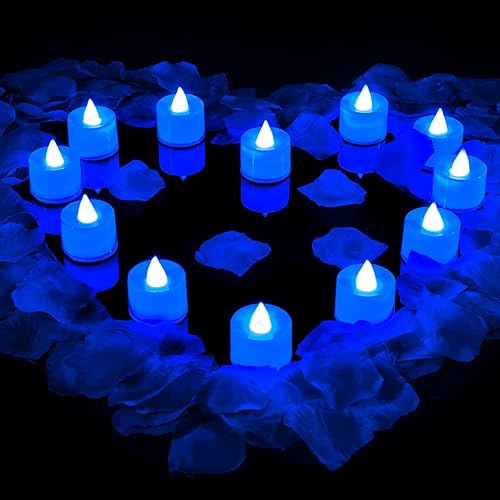 600 pétalos de rosa artificiales con 12 velas LED de té, velas románticas parpadeantes para noche romántica, día de San Valentín, aniversario, boda,
