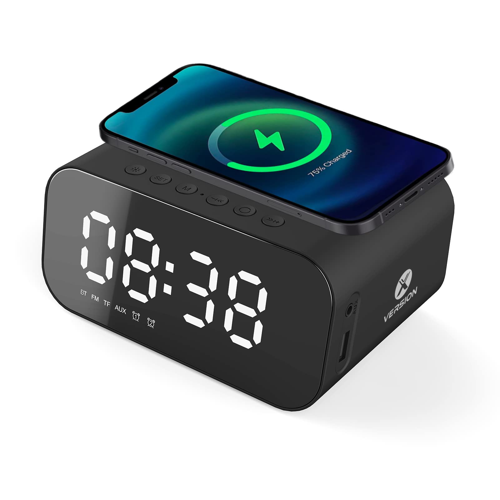 7 in 1 Bedside Wireless Charger Alarm Clock XVersion LED Display Clock with Bluetooth Speaker Music Player Radio Non Ticking Dual Alarm Clock USB Charger with 1 Year Manufacturer Warranty - Black