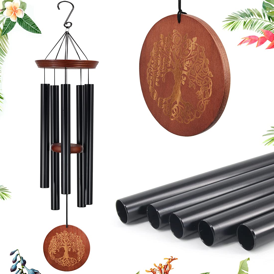Windspiel, für den Außenbereich, tiefer Ton, 91.4 cm, großes Gedenk-Windspiel für den Verlust eines geliebten Menschen, Gravur, Baum des Lebens, Geschenk für Mutter, Garten, Hängedekoration, Schwarz