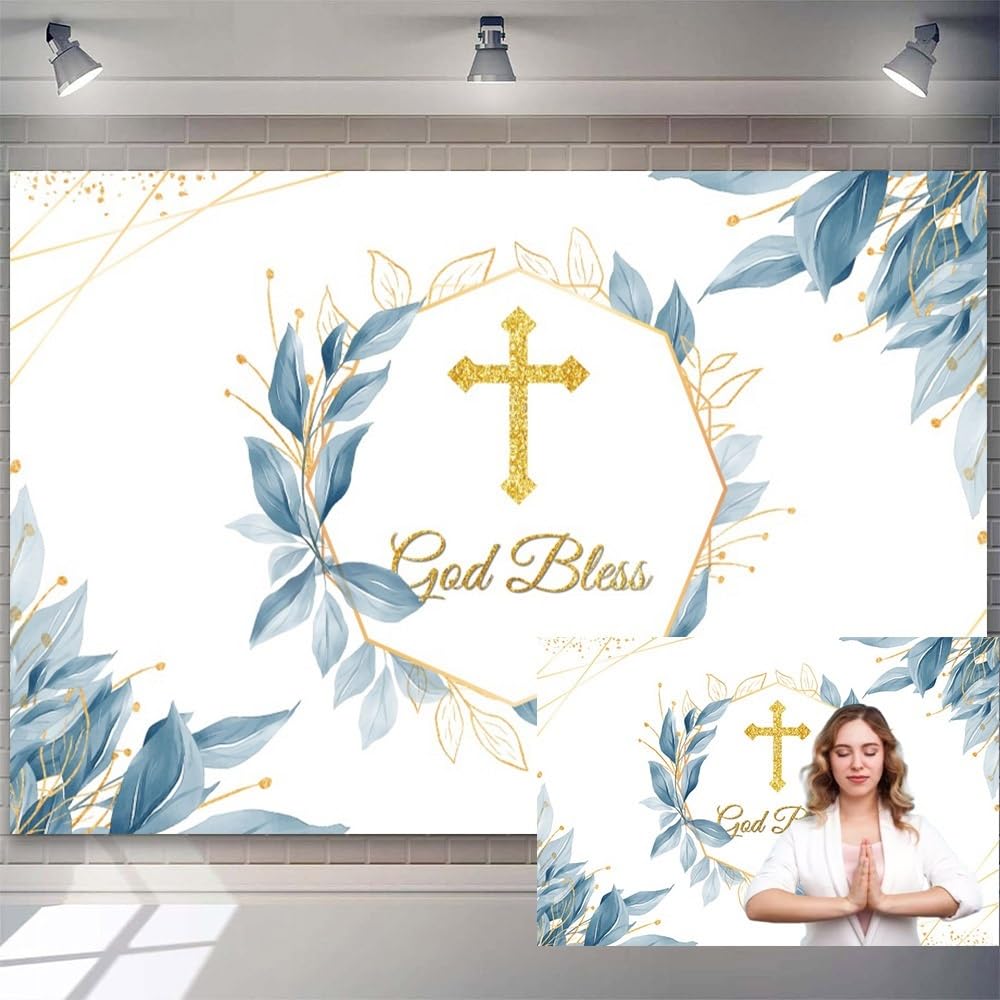 7x5ft God Bless Backdrop Blue and Gold Leaf Christian Cross Photography Background for Newborn Baby Shower Church Sanctuary Wallpaper Decor Easter Day Event Kids Adults Photo Booth Banner Props