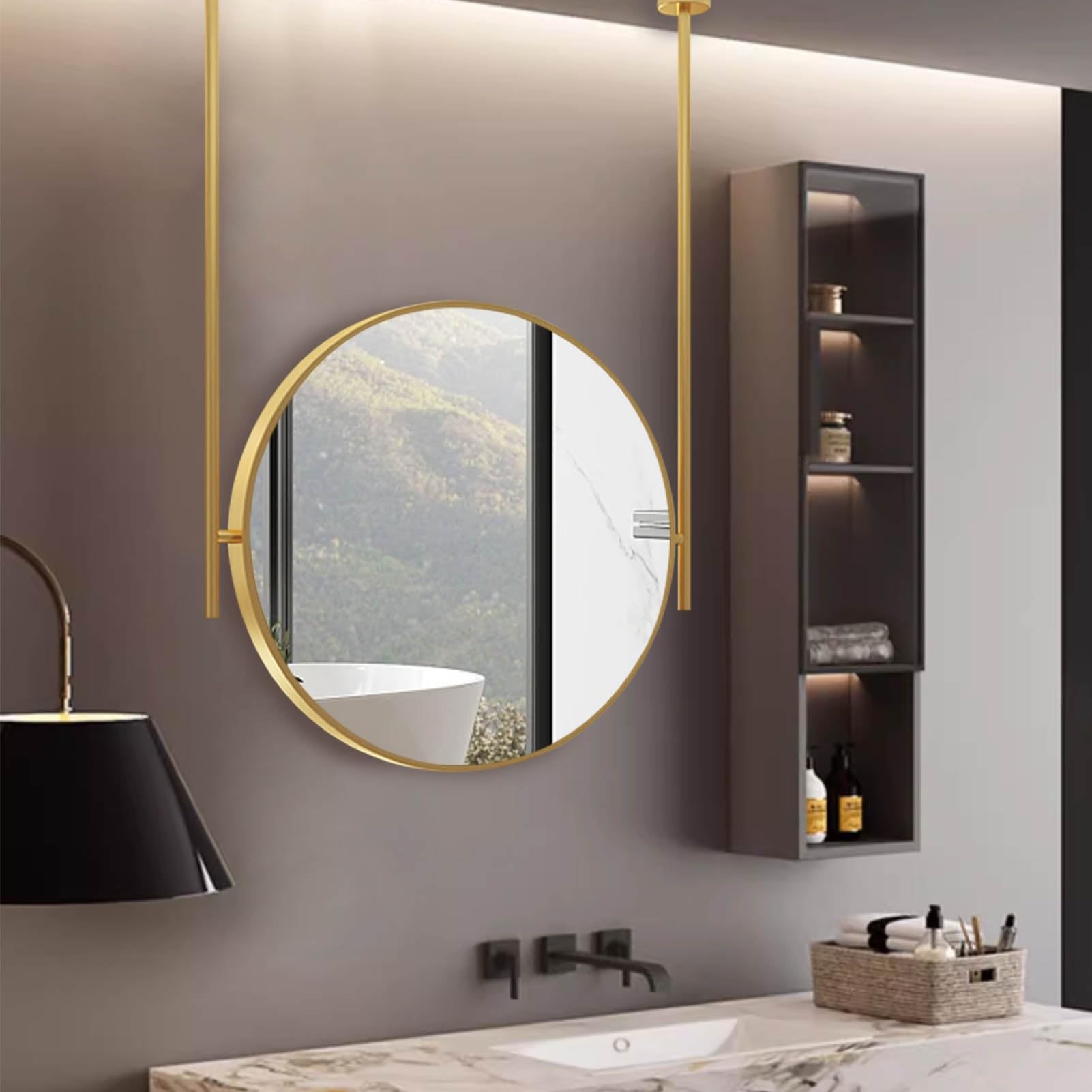 SXFSDOU Round Living Room Mirror Gold Metal Framed Wall for Bathroom Bedroom Hallway, Floating Ceiling Mounted Customizable(Diameter-60CM/23.6INCH)