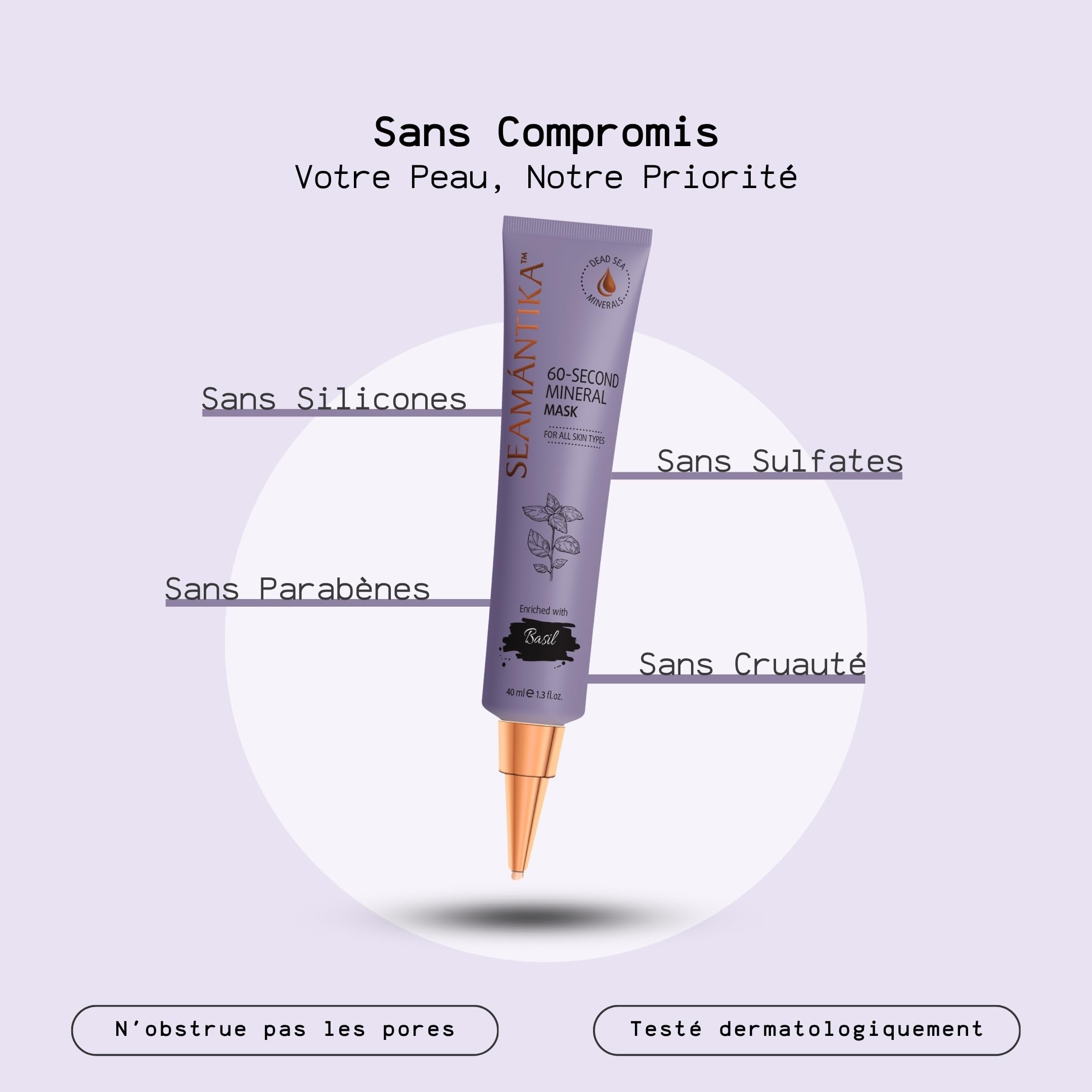 SEAMANTIKA - Masque Visage 60 Secondes au Basilic - 40 ml | Le masque 60 secondes au basilic aide à lisser l'apparence des ridules et à améliorer la texture et l'éclat du teint.