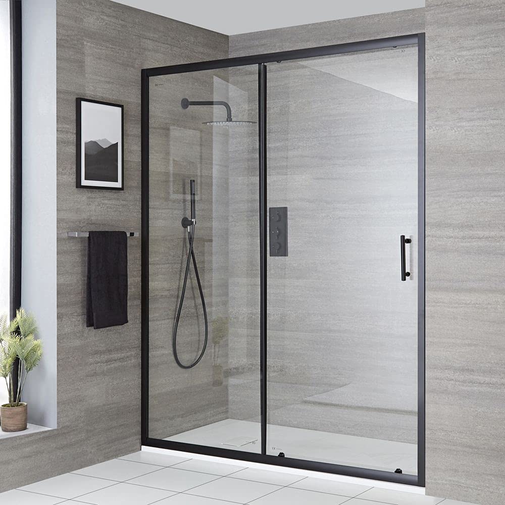 Milano Nero Black Walk in Sliding Door Shower Enclosure White Tray - 1600mm x 800mm