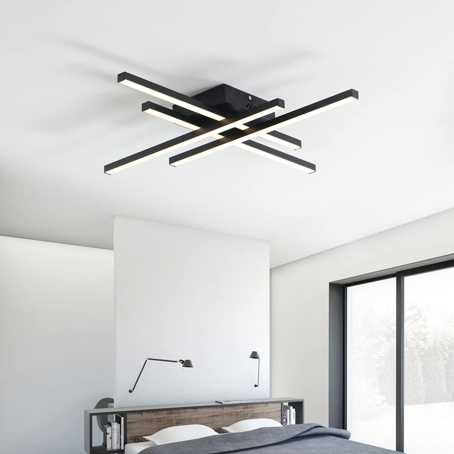 22" Modern Ceiling Light Semi Flush Mount Fixture with Remote Control Black for Living Bed Dining Room Close to Ceiling Fixture