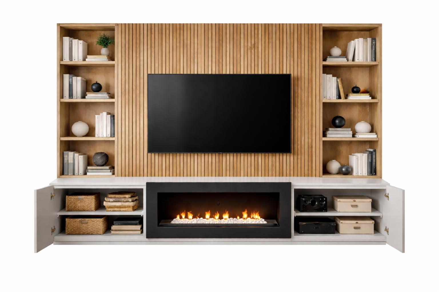 BRICOZONE Parete Attrezzata con Biocamino Mobile TV con Pannello Rovere Listellato e Struttura Grigia Design Moderno 2 Ante a Ribalta Sistema Push Click