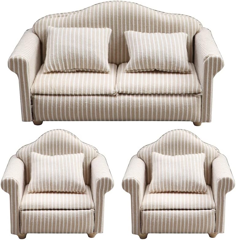 AirAds Dollhouse 1:12 Scale Dollhouse Miniatures Sofas, Beige Stipe (Set 3 Sofas)