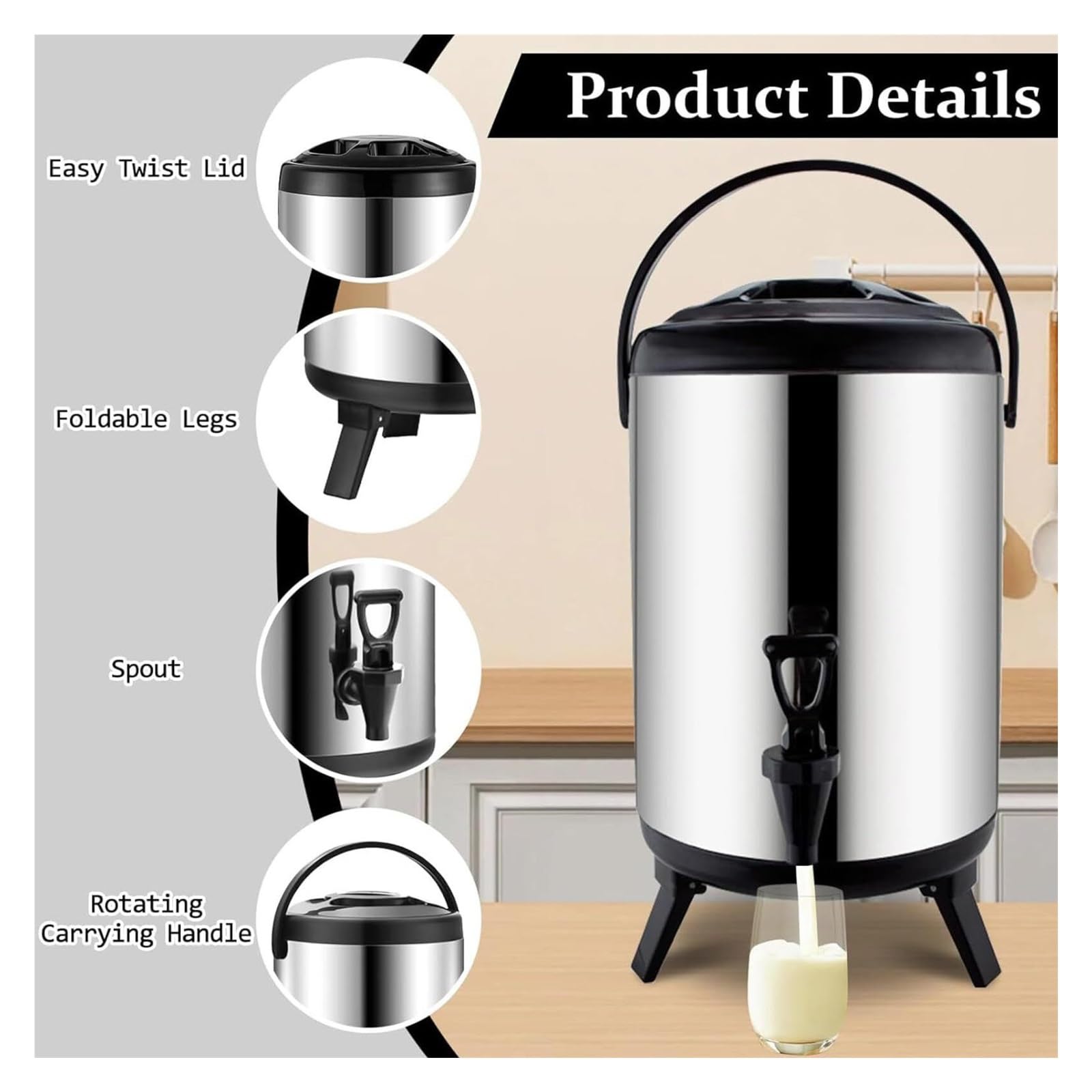 Distributore di bevande isolato con beccuccio, in acciaio inox, per bevande calde e fredde, 12 l, per caffè, tè, latte, feste