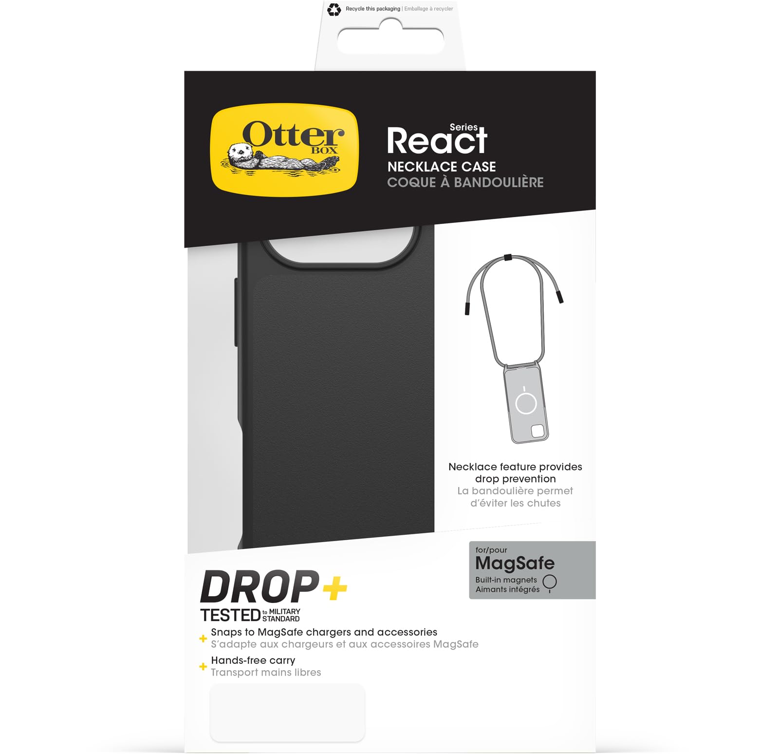 OtterBox React Necklace Hülle mit MagSafe für iPhone 16 Pro, ultraschlanke, schützende Hülle mit Verstellbarer und Abnehmbarer Handykette, Getestet nach Militärstandard, Schwarz
