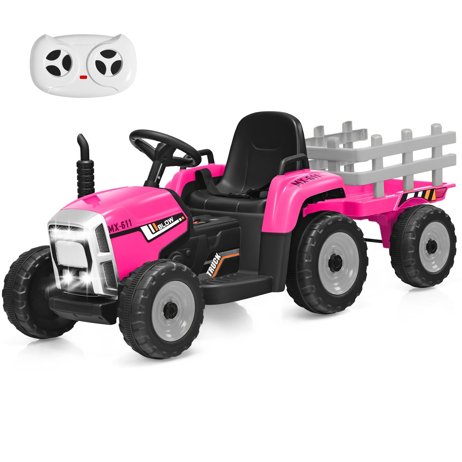 RELAX4LIFE Trattore Cavalcabile Elettrico per Bambini 12V a Batteria Ricaricabile con Telecomandato, Acceleratore a Pedale, Luci e Suoni e Rimorchio Rimovibile, 134 x 51 x 53 cm, Rosa