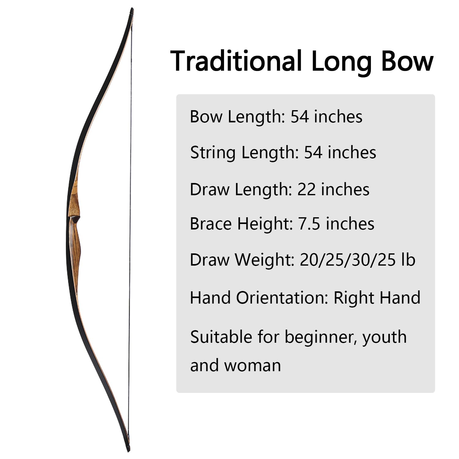 TOPARCHERY Archery 54'' Hunting Recurve Bow One Piece Traditional Wood Long Bow Targeting Practice Right Hand with String Silencer (25 lbs)