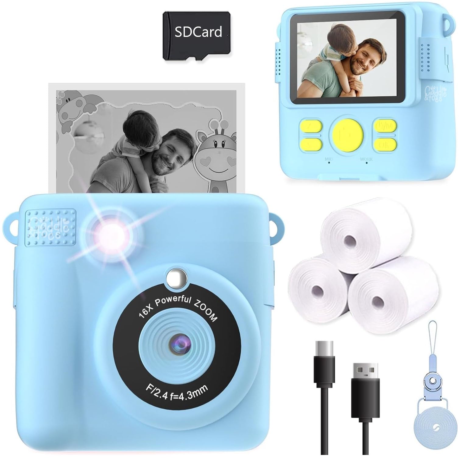 CADDLE & TOES Instant Print Camera for Kids, Christmas Birthday Gifts Girls Boys Age 3-12, HD Digital Video Cameras Toddler, Portable Toy 3 4 5 6 7 8 9 10 Year Old Girl with 4GB SD Card (Blue)
