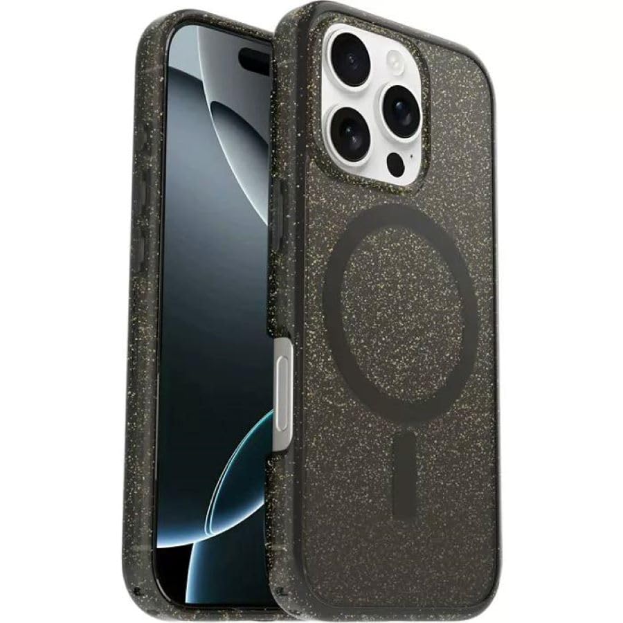 Coque iPhone 16 Pro OtterBox Symmetry transparente et noire pailletée compatible MagSafe