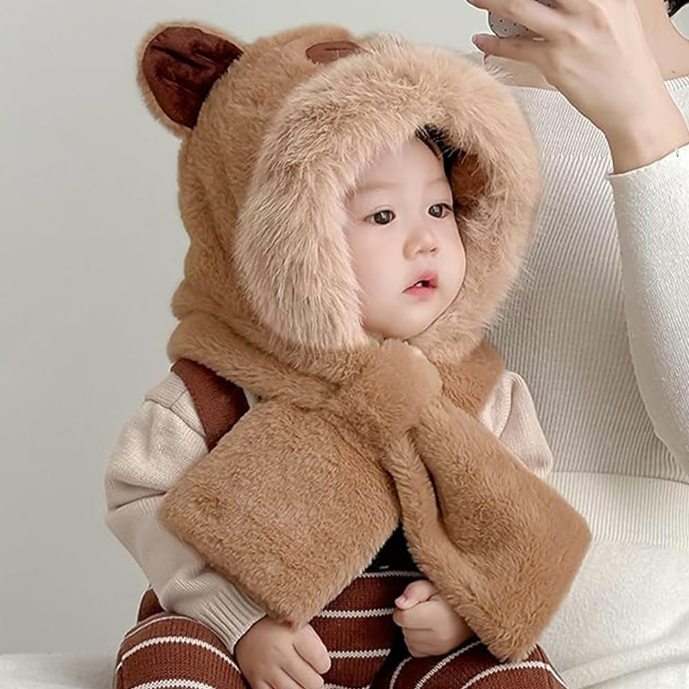 Hooded Scarf Hat for Women Winter,Cute Plush Capybara Thick Warm Hat,Bear Ears Plush Faux Fur 2-in-1 Set - Image 6