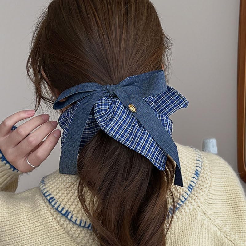 Elegant Blue Plaid Scrunchie with Denim Bow and Gold-Tone Charm Exquisite Hair Tie for Women Soft Comfortable Fabric Hair Accessories for Stylish Updos and Ponytails