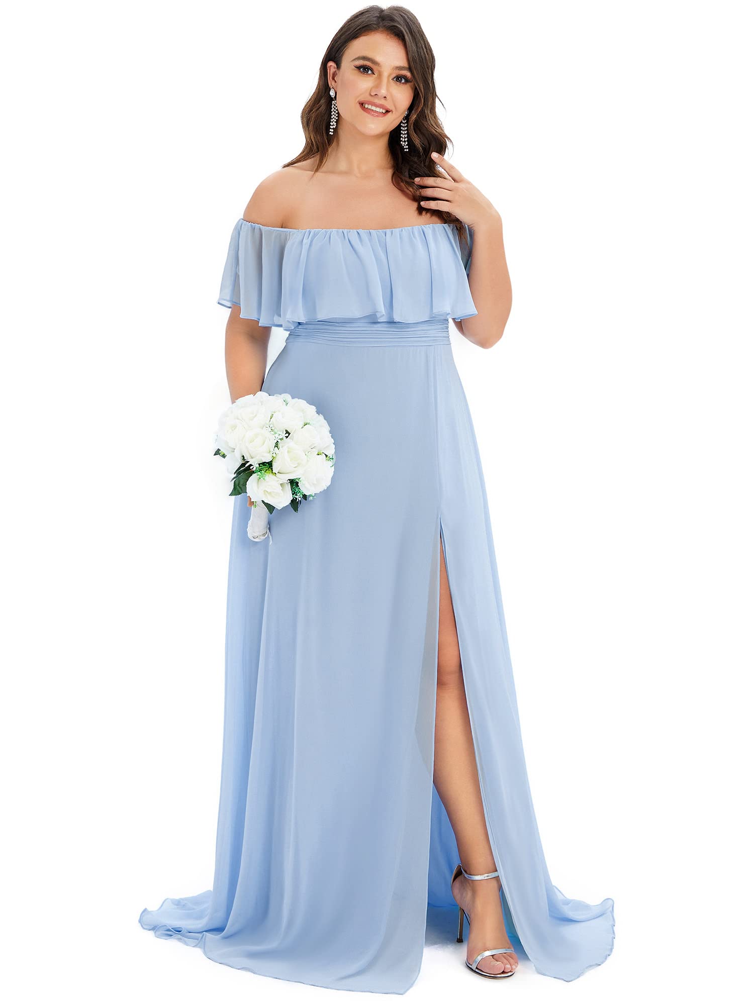 Ever-Pretty Plus Women's Off Shoulder Short Sleeves Empire Waist Side Slit Chiffon Flowy Plus Size Bridesmaid Dresses