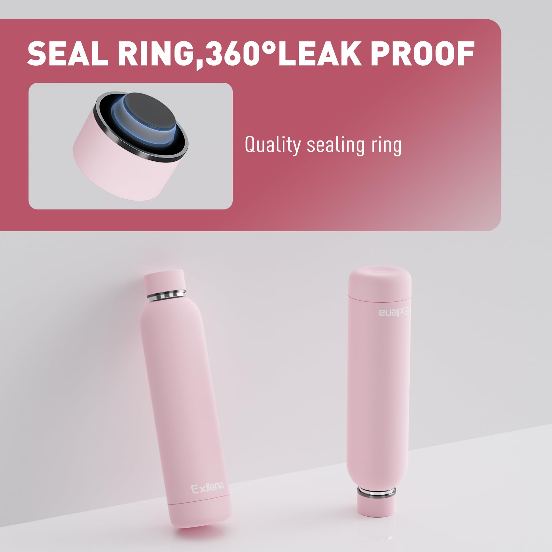 Exllena Borraccia Termica 750 ml - Bottiglia Termica Doppio Vuoto Mantenere Calore/Freddo - Senza BPA - 100% A Tenuta Stagna con Anello per Tote (Rosa)
