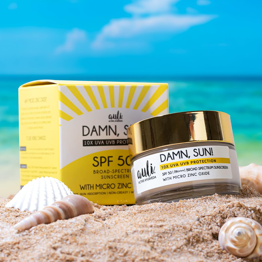 Auli Damn, Sun! PA+++ Sunscreen SPF 50 | Broad Spectrum UVA/UVB/UVC Protection | Micro Zinc Oxide, Calendula & Himalayan Cherry | Sweat-Proof | Hydrating | No White Cast | Anti-Sunspot & Tan Removal | 50g