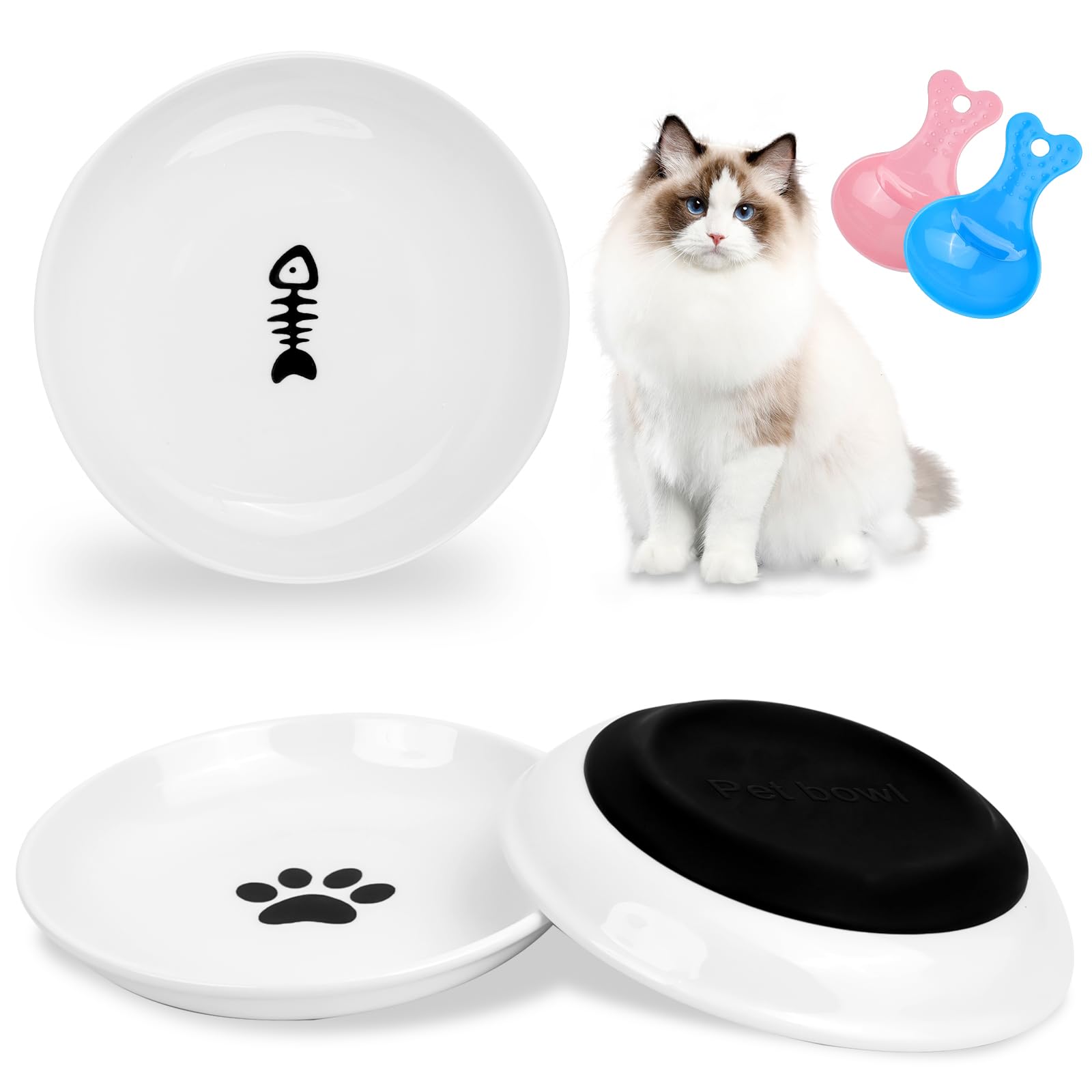 JOLIGAEA 3 Piezas Comedero para Gatos, Comedero Gato Ceramica Antideslizante, Cuenco Plano para Gatos con Base de Silicona, Juego de Cuencos para Gatos y Perros, Apto para Lavavajillas