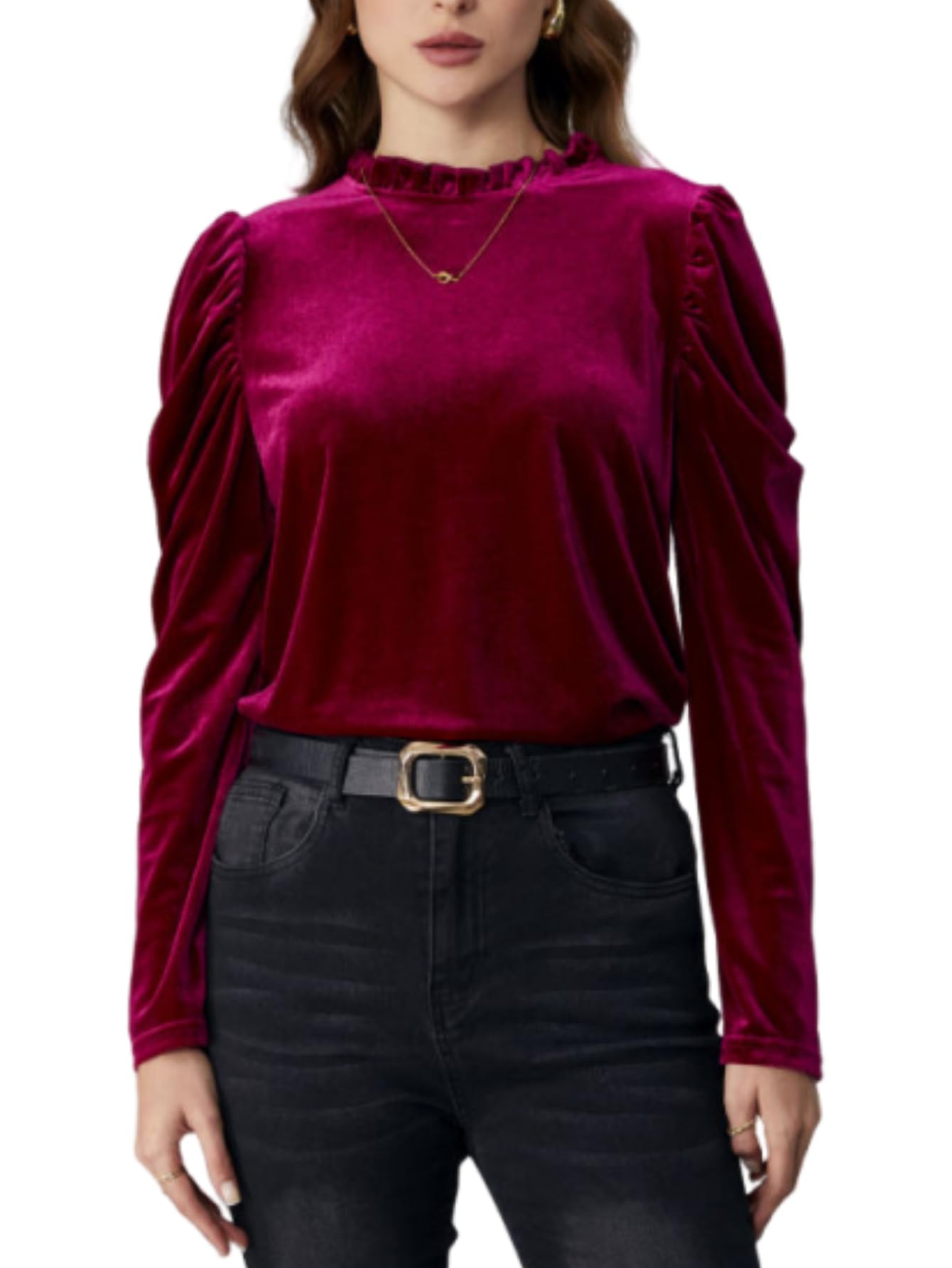 Floerns Women's Puff Long Sleeve Mock Neck Velvet Party Blouse Tops