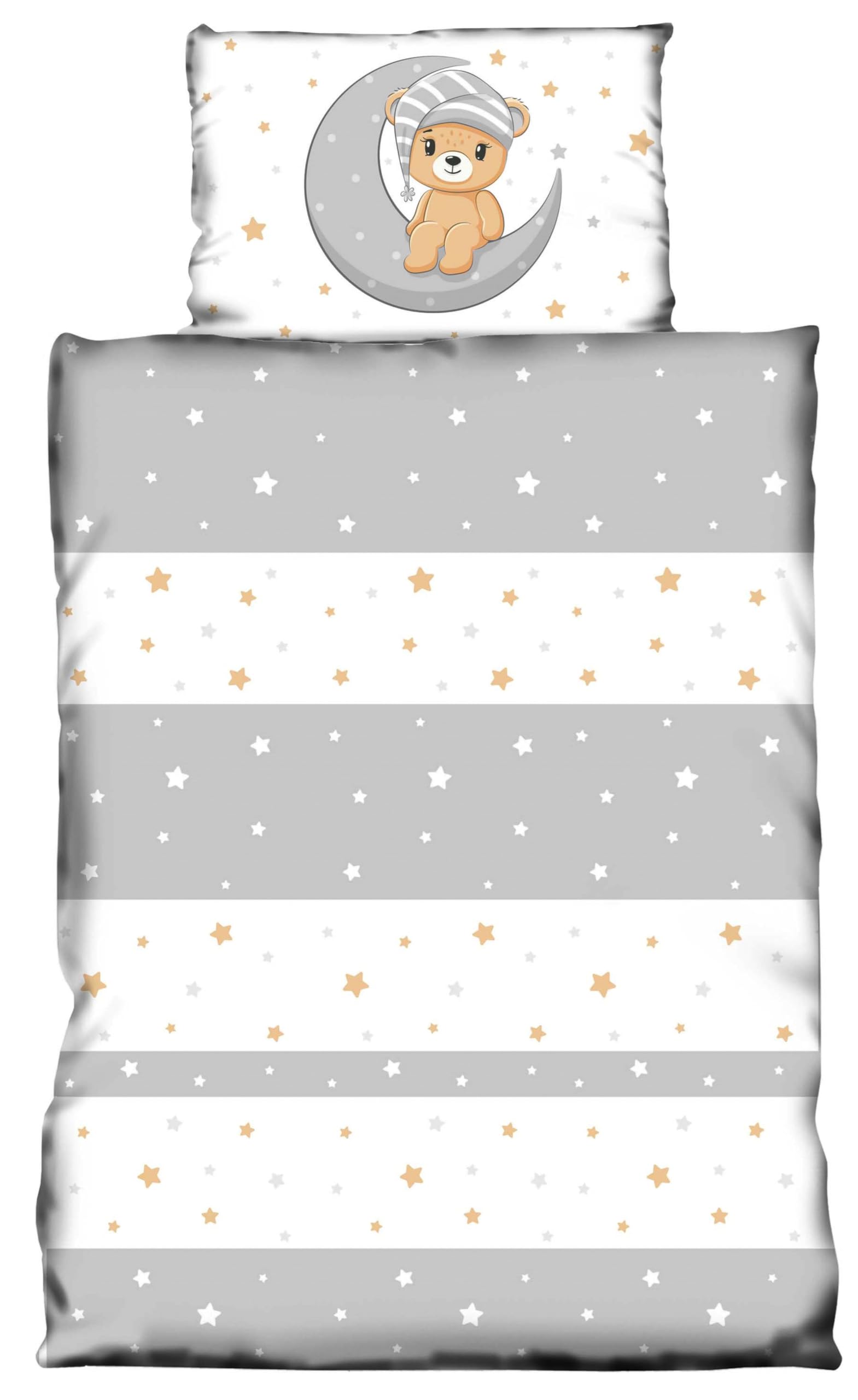 one-home Kinder Baby Bettwäsche 100x135 cm + 40x60 cm Teddy Bären Sterne Mond für Jungen und Mädchen weiche Mikrofaser Kinderbettwäsche Set, Farbe:grau