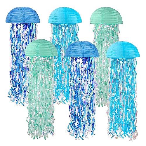 Jellyfish Paper Lanterns Hanging Jelly Fish Paper Lanterns, 6 Packs Blue Hanging Lantern for Mermaid Theme Party Under The Sea Ocean Birthday Decorations Baby Shower Baby Room -10 Inch