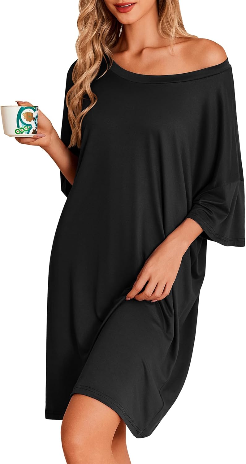 Ekouaer Plus Size Nightgowns for Women Bamboo Viscose Sleepshirts Short Sleeve Nightshirt Oversized Sleepwear Sleepdress