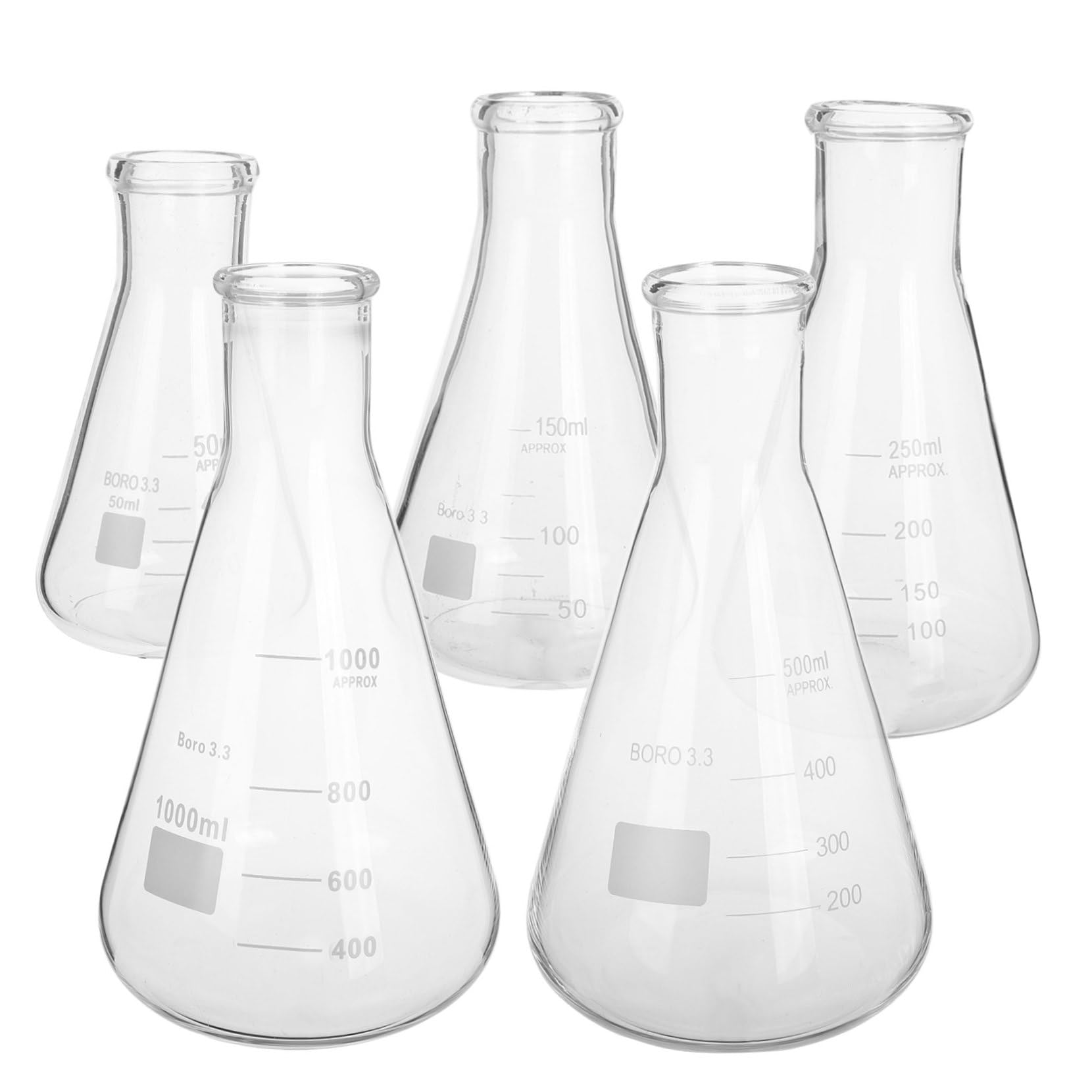 5piezas Matraces Erlenmeyer De Vidrio Base Triangular Para Experimentos
