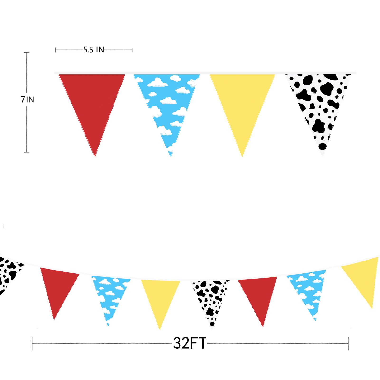 Decoración de fiesta de dibujos animados de 32 pies, rojo, azul, amarillo, bandera de tela con estampado de nube y vaca, banderín triangular, guirnalda de banderines para niños, cumpleaños, baby
