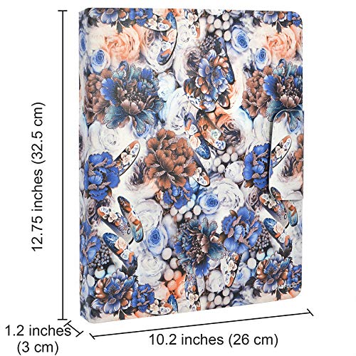 Padfolio Ring Binder with Color File Folders, Flower Painting PU Leather Organizer Portfolio with 3-Ring Binder and Clipboard (Blue)