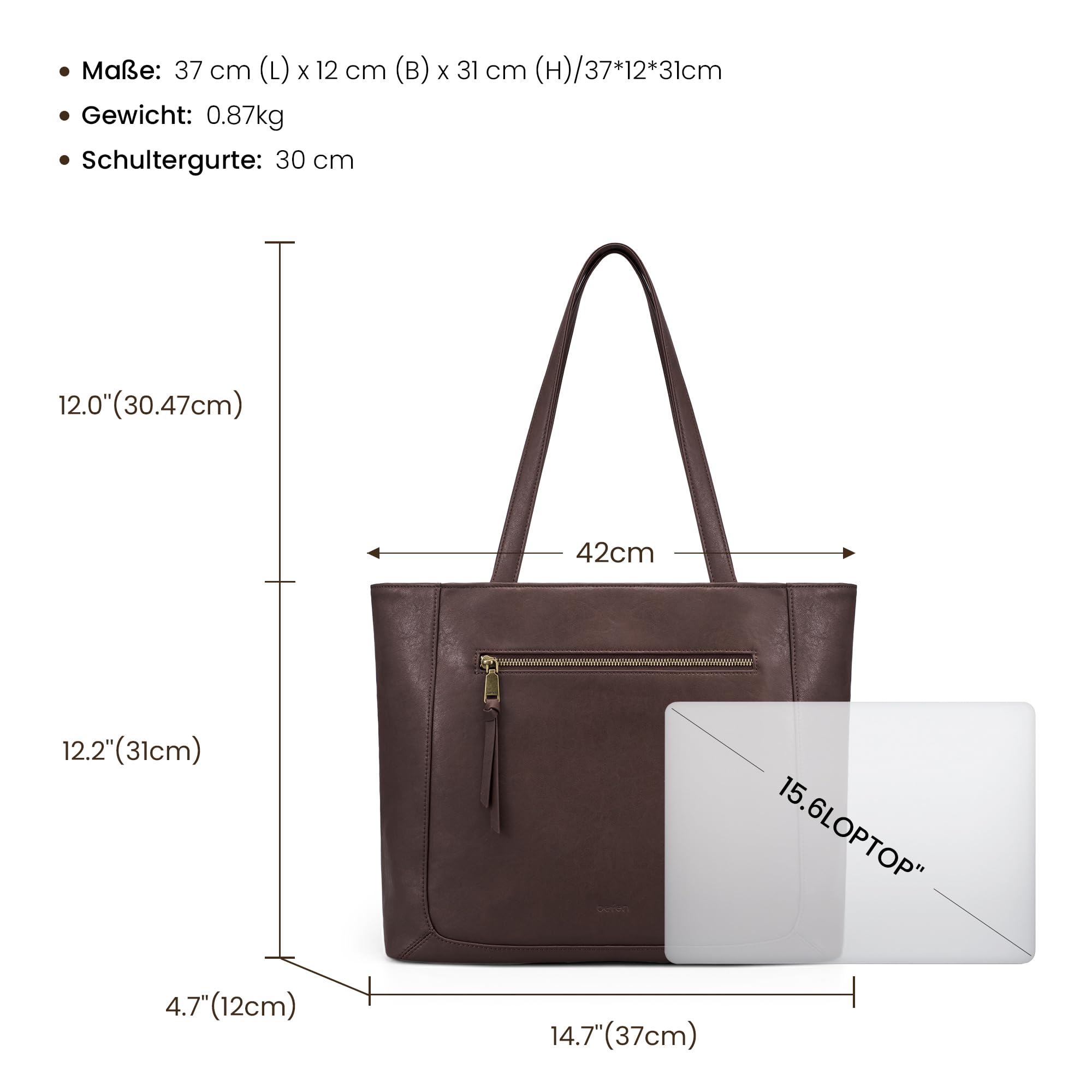 befen Echtleder Shopper Tasche Damen Handtasche Groß, 15,6 Zoll Laptoptasche Damen Leder Tache Tote Bag Lehrertasche mit Reißverschluss, Schultertasche für Business Büro Schule