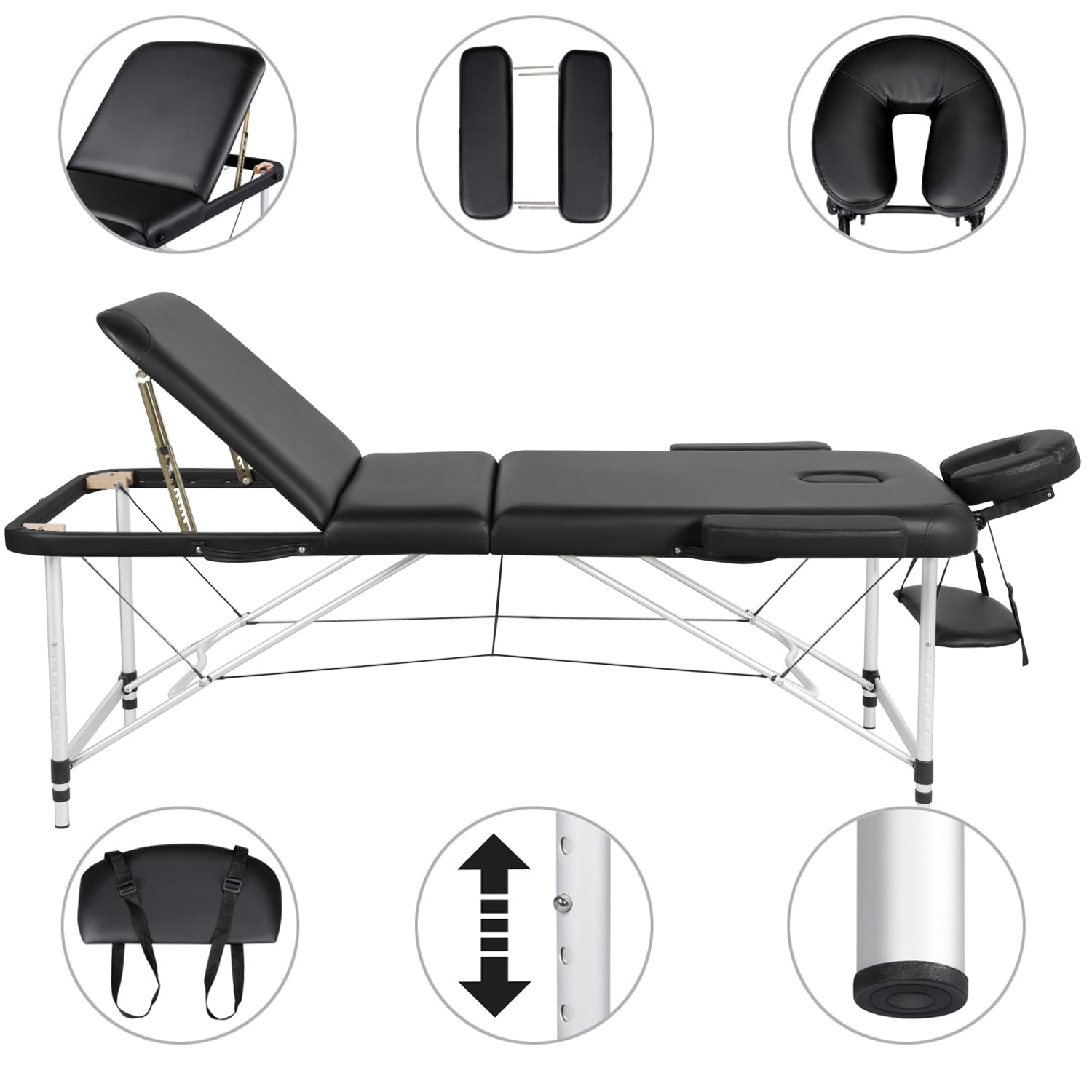 Lettino per Massaggio a 3 Zone 213 x 70 cm Professionale Portatile Fisioterapia Pieghevole in Alluminio Nero