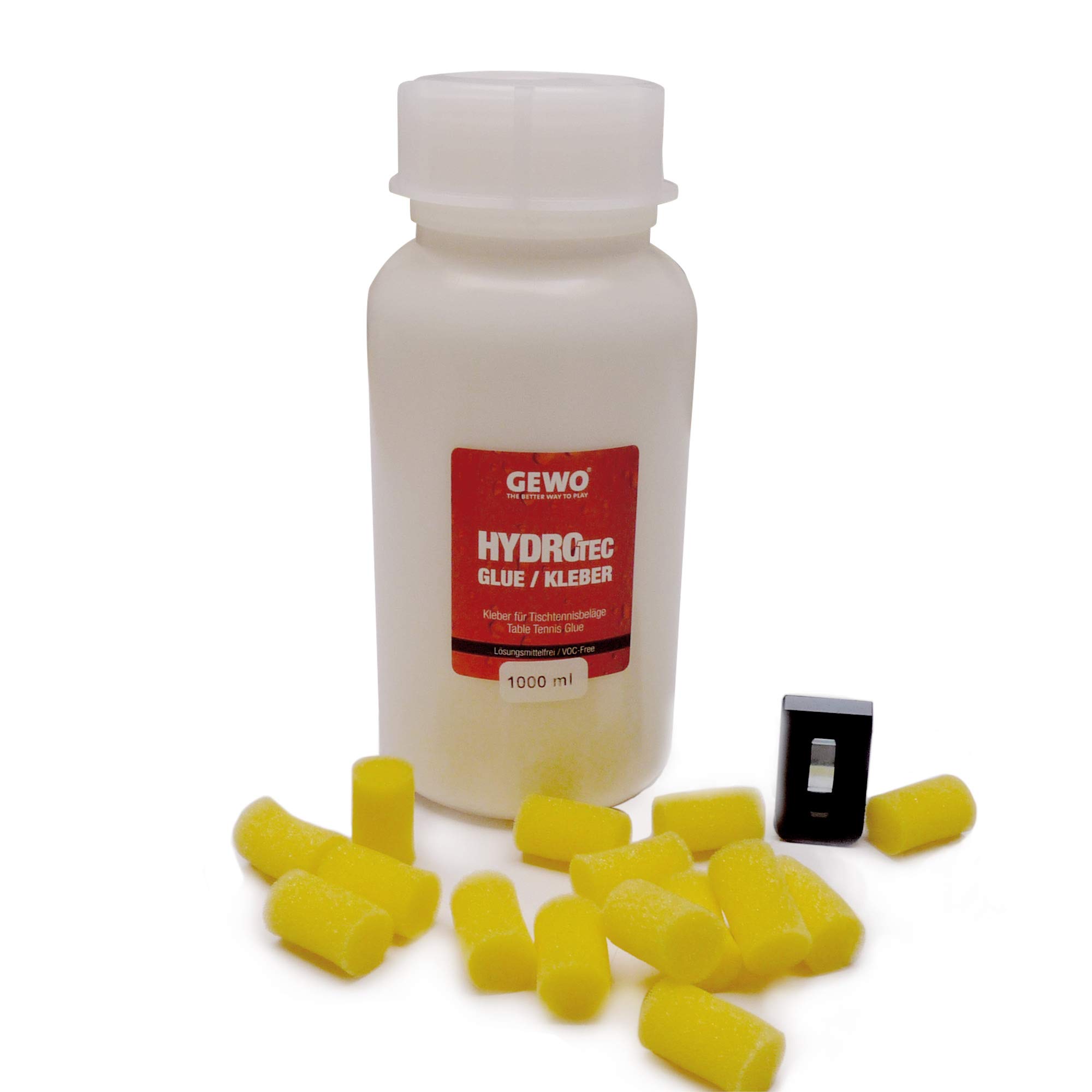 GEWO HydroTec Tischtennis Kleber - ITTF-zugelassener Belagkleber auf Wasserbasis, lösungsmittelfrei, inkl. Klammer & Applikatorschwämmen, für alle Tischtennisschläger geeignet - 1000 ml Vorratsflasche
