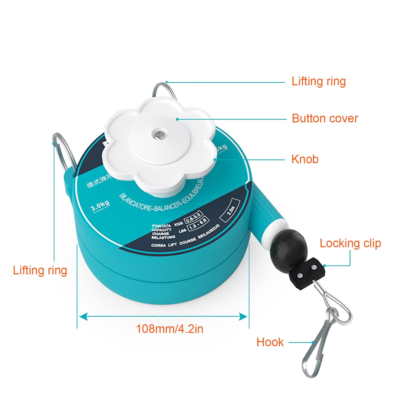SKINII Bilanciatore A Molla Retrattile 0.6-3.0 kg, Supporto Spring Balancer, Lunghezza Telescopica 2m, per Utensili Pneumatici, Fabbrica Catena Montaggio