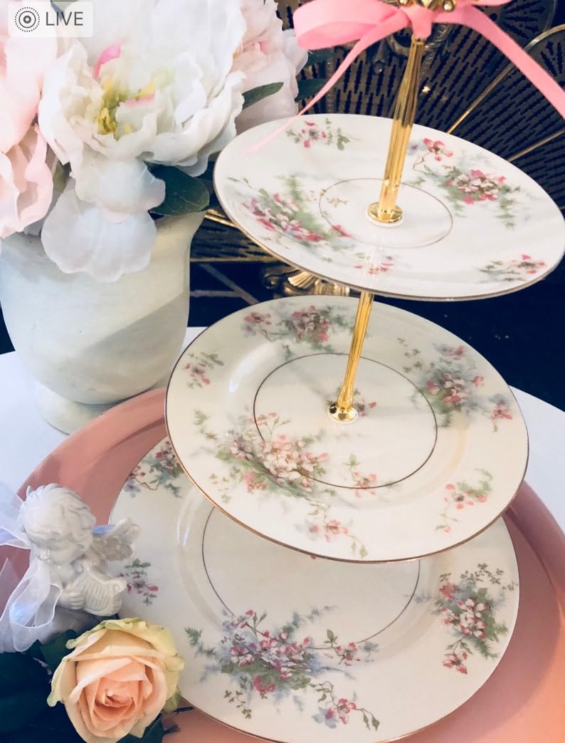 Soporte para Tarta de Boda, Bandeja de 3 Niveles, Plato con diseño de Flores, decoración para Mesa de postres, Boda Rosa (Bavaria MixMatched 1) ()