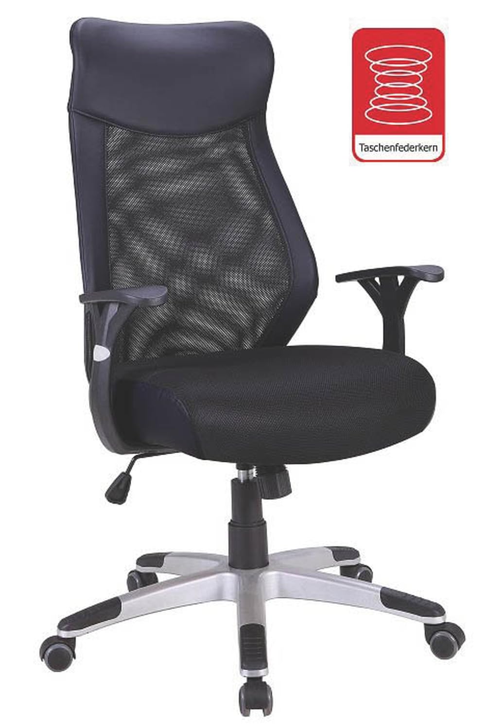 möbelando Chefsessel Niko von Duo Collection – Ergonomischer Bürostuhl mit Federkern, Netzrücken & Höhenverstellung für Home-Office – Schwarz, belastbar bis 100 kg