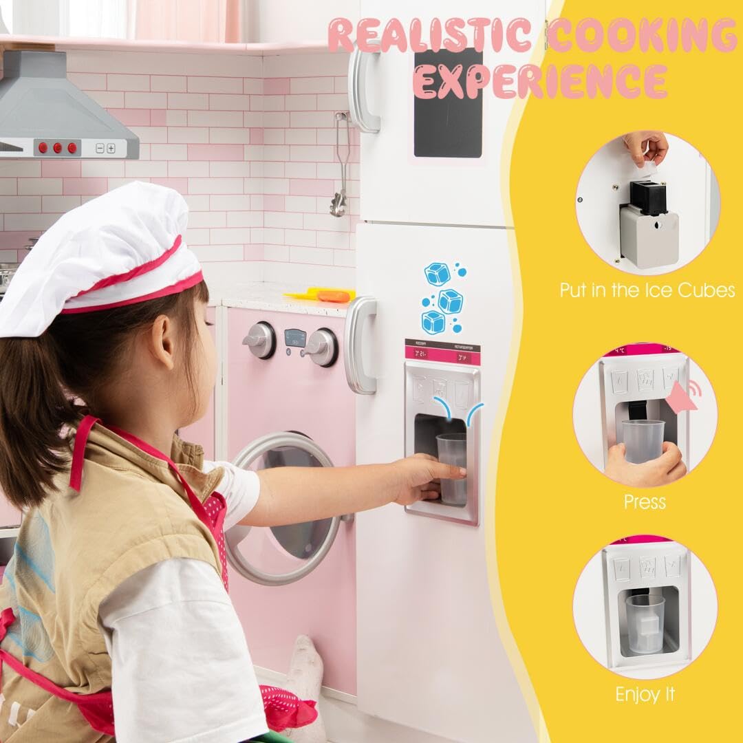 HOMASIS Cucina per Bambini in Legno ad Angolo Con Luci e Suoni, Cucinetta Con Lavello, Piano Cottura, Forno, Microonde, Lavagna - per Bambini dai 3 Anni in Su, Rosa