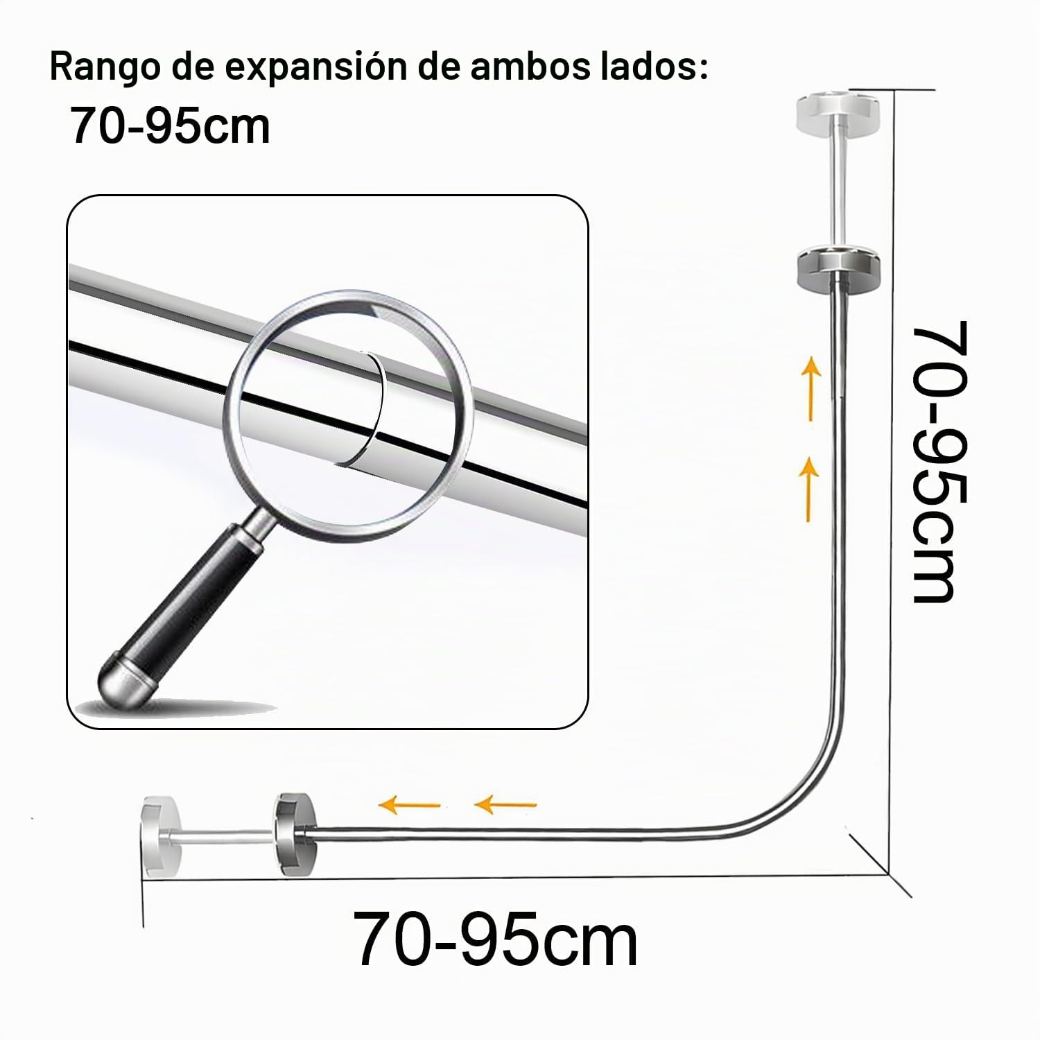 Barra Cortina Ducha, Barras Cortinas en L Extensible 70-95cm, Barra Cortina Sin Agujero Acero Inoxidable 304 con Soporte Sin Taladro para Esquinas Capacidad 30kg