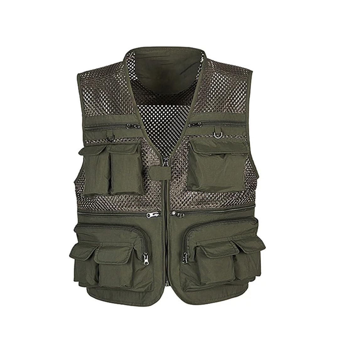 Chaleco táctico de pesca para hombre, con múltiples bolsillos, de malla, sin mangas