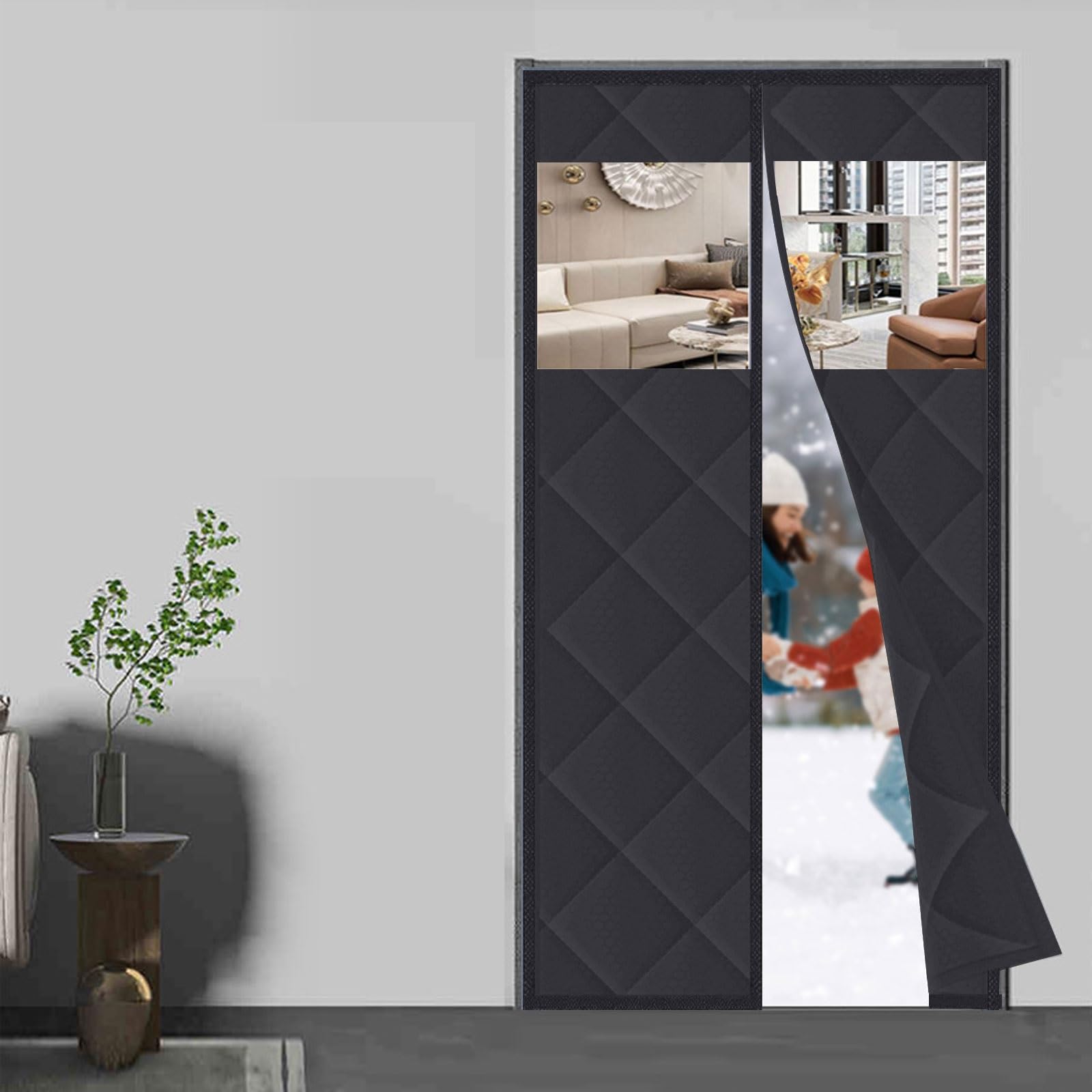 Rideau de porte magnétique isolant thermique en coton noir W85xH200cm