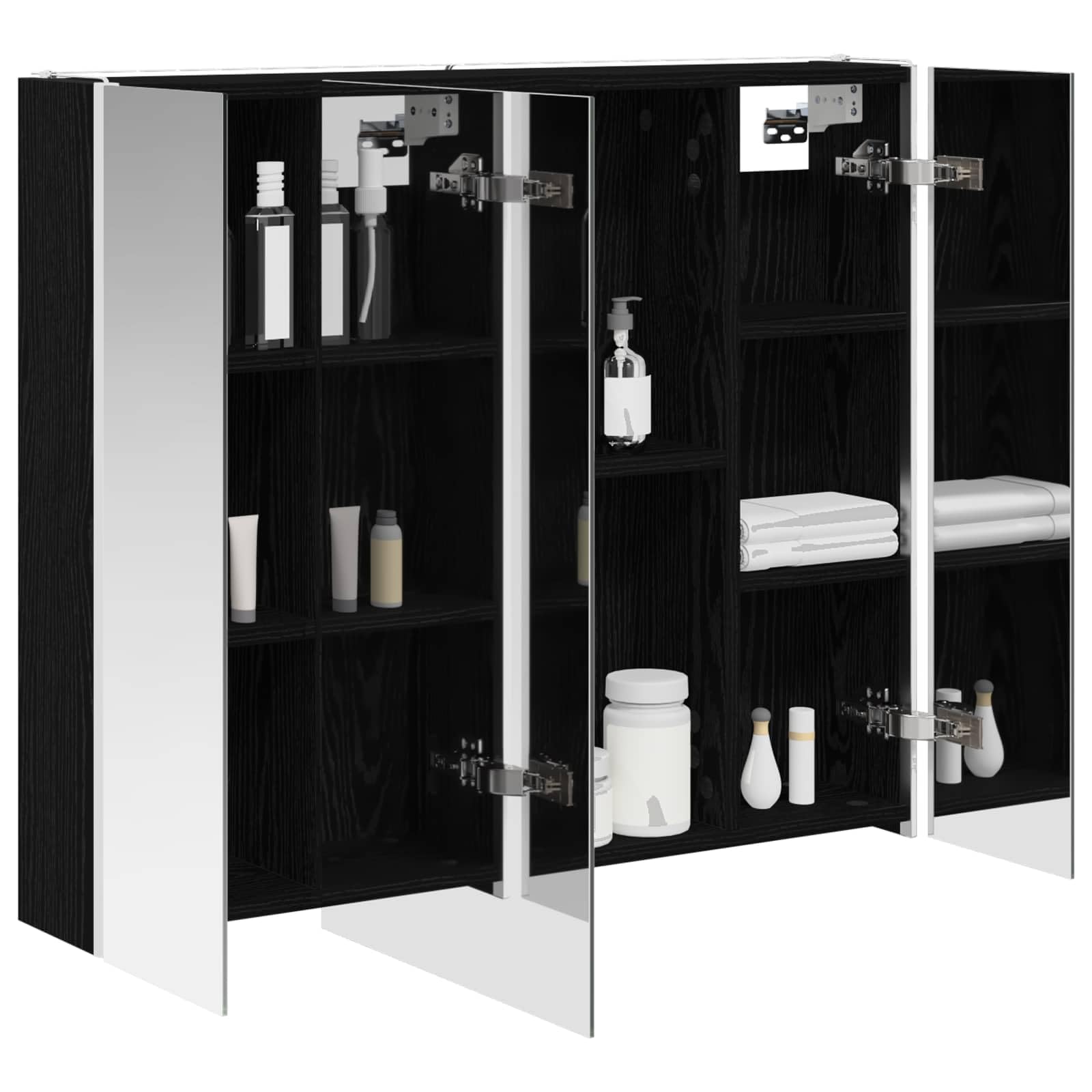 Szafka łazienkowa z lustrem w kolorze czarnym, imitacja dębu, materiał drewnopochodny, 83,5 x 15,5 x 70 cm, montaż ścienny z oświetleniem LED, regulowane półki, lustro, miejsce do