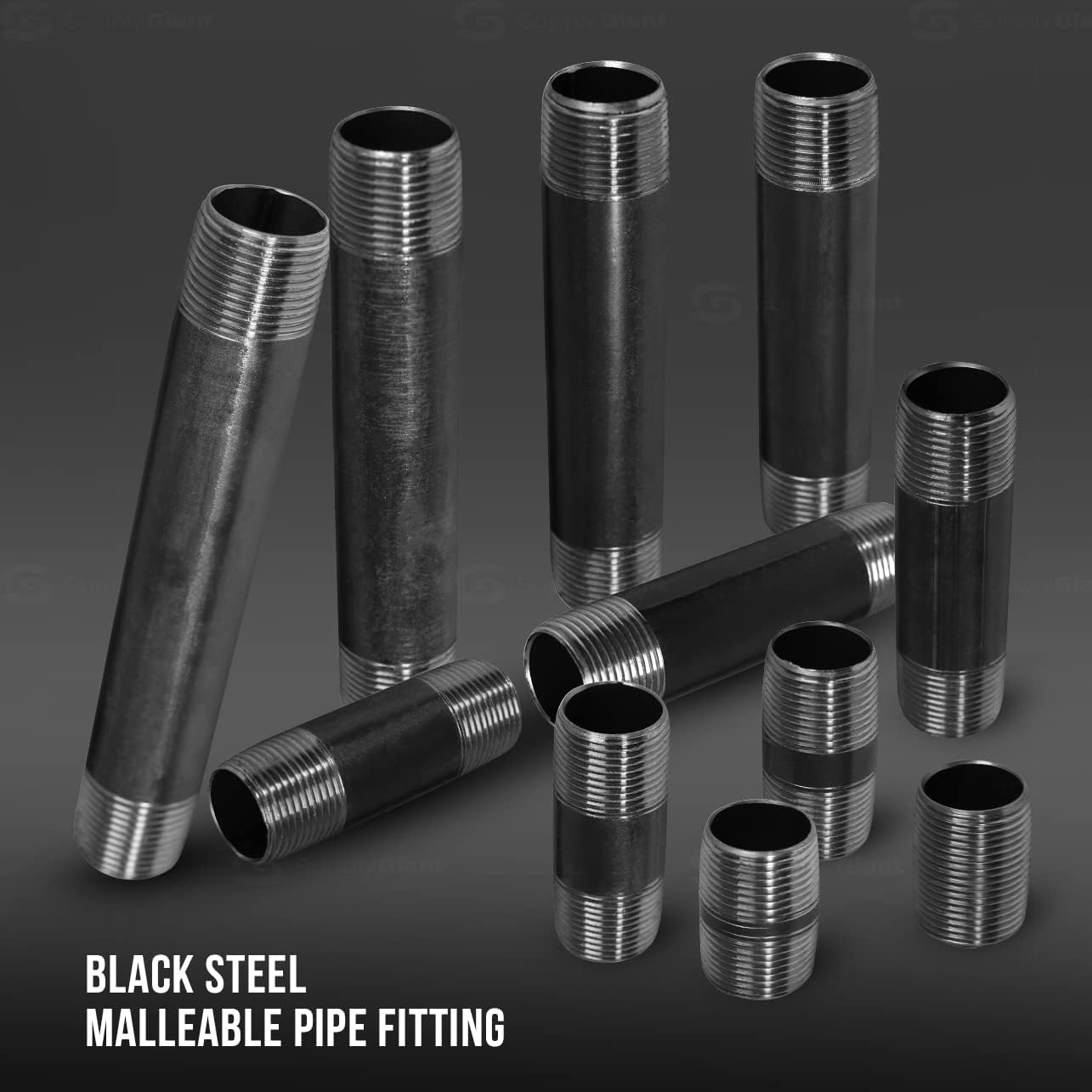 Supply Giant 1/2 Inch Black Pipe Assortment, Heavy-Duty Malleable Threaded Nipples, Steel Pipe Fittings Great For DIY Vintage Shelving Projects (Includes 6 of Each Size, 1-6 Inches 66 Pieces in Total)