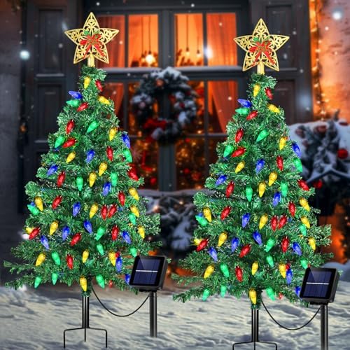 Transform Your Holidays with These Solar Powered Outdoor Christmas Trees 4 ReyeeInc Solar Christmas Trees Decorations, Solar Powered Xmas Tree Lights Outdoor Waterproof with 50 LEDs and 8 Modes for Yard, Lawn, Pathway, Garden, Front Porch, Cemetery, Graveside Decor (2 Pack)