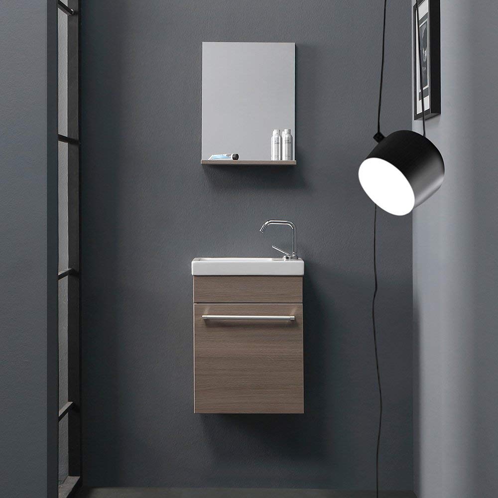 Kiamami Valentina Mobile Bagno Sospeso Salvaspazio Rovere Fumo Smart | Base 42,5x22,5x55,6 cm, lavabo ceramica reversibile, specchio con mensola, ideale per bagni piccoli