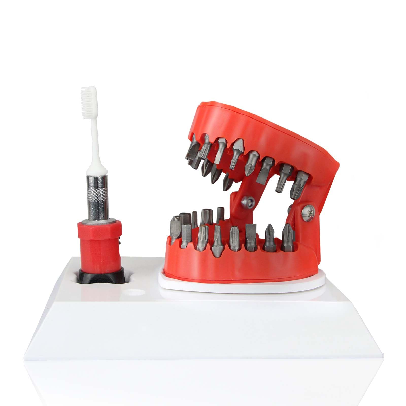 NICENICY Denture Drill Bit Holder with Base, Mouth Bit Holder, 3D Sculpture Desk Gadget, Denture Drill Bit Holder with 28PCS 1/4” Hex Bit, 3-in-1