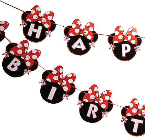 Miniatura 2 de CHuangQi Cartel de fiesta temática de Minnie, pancarta de letras de feliz cumpleaños, lazo rojo con tarjeta de lunares, suministros y decoración