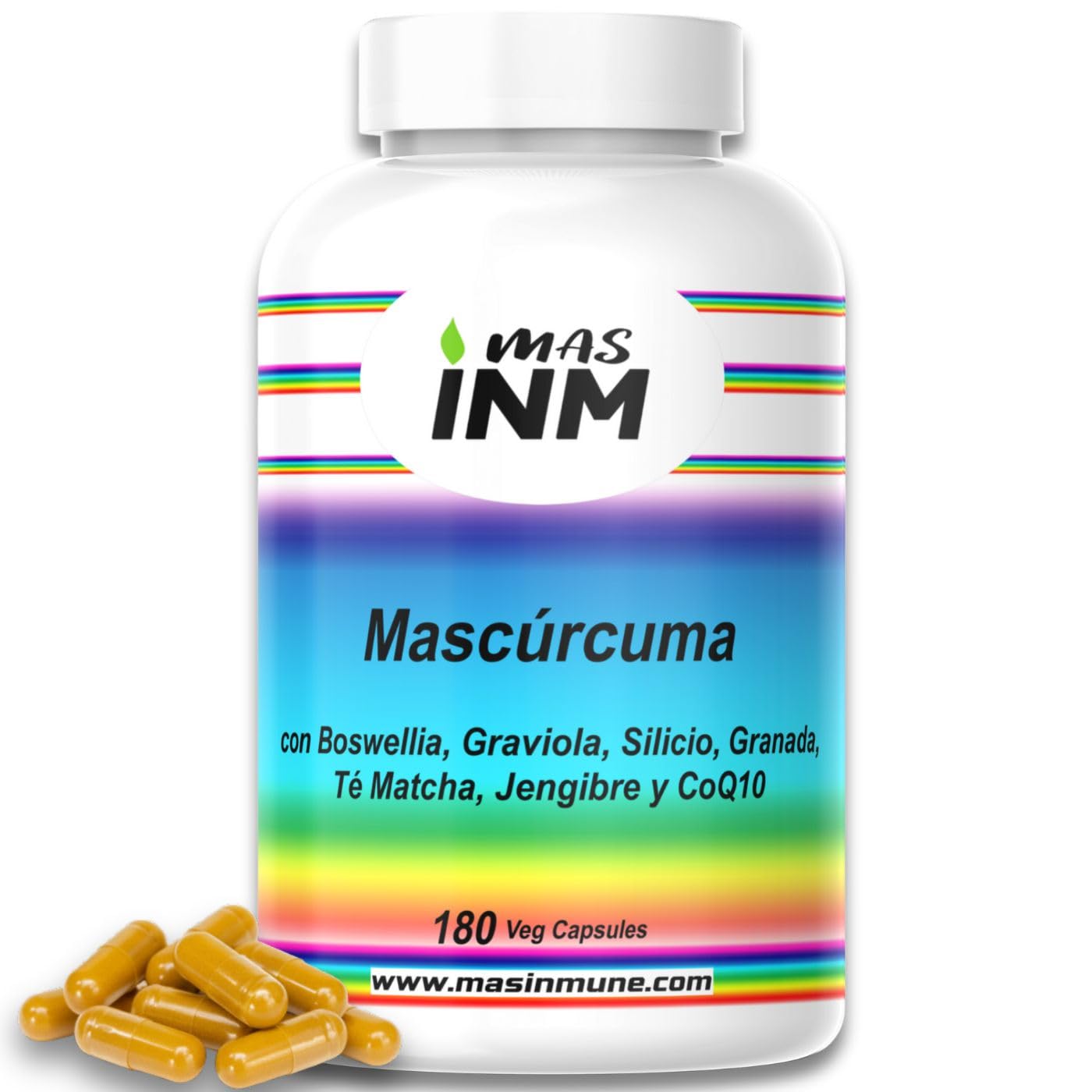 Mascúrcuma – suplemento antiinflamatorio natural con curcumina 95 % – boswellia serrata – jengibre – graviola – granada – té matcha – coenzima Q10 – silicio orgánico – 180 cápsulas vegano – Masinmune