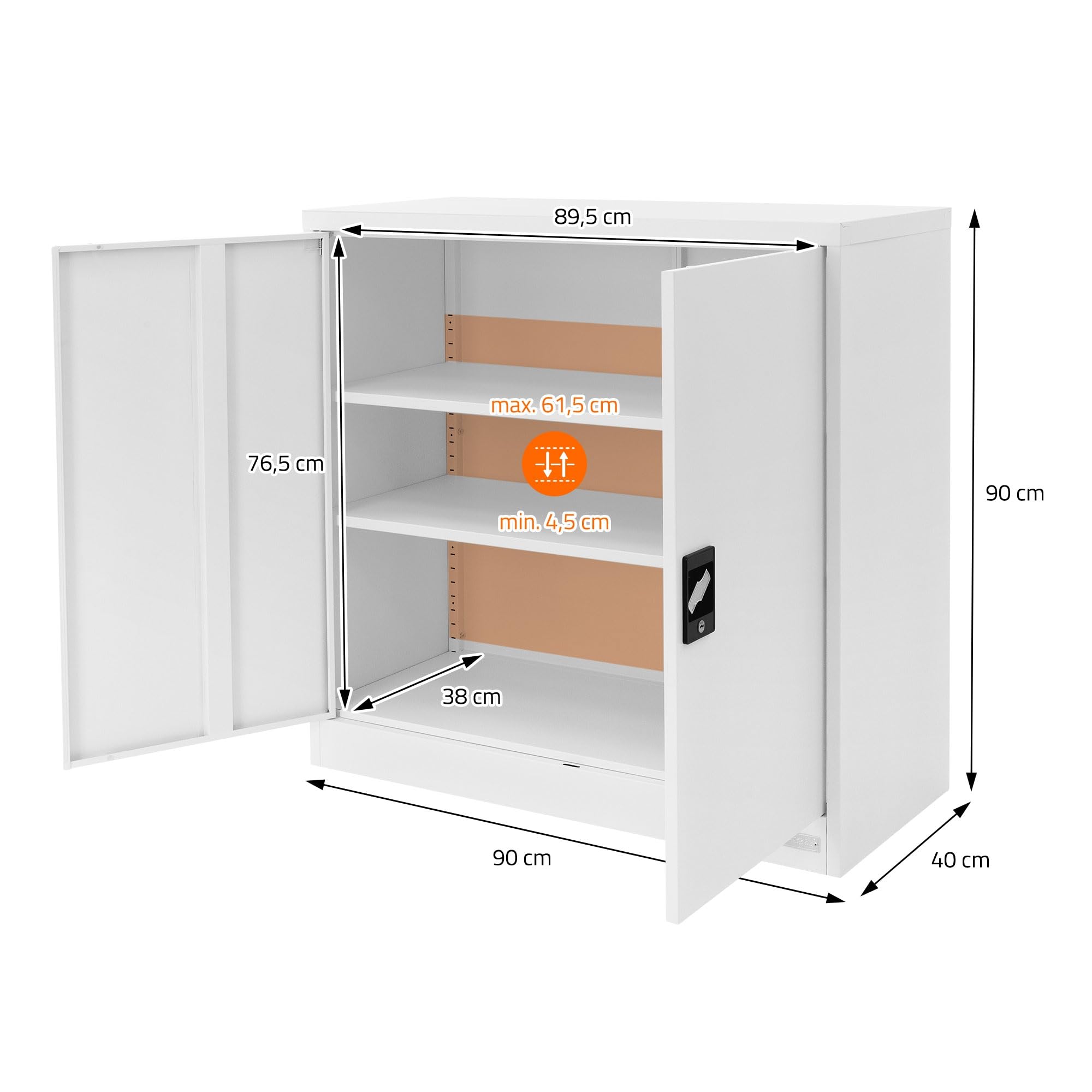 ML-Design Armadio per Archiviazione con Serratura Bianco 90x40x90 cm Acciaio Schedario 2 Ripiani Regolabili in Altezza Armadio per Ufficio a 2 Ante Mobiletto Portadocumenti Armadietto